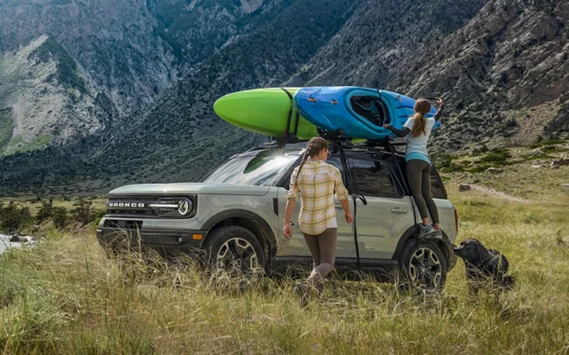 A 2024 Ford Bronco Sport with a kayak atop it