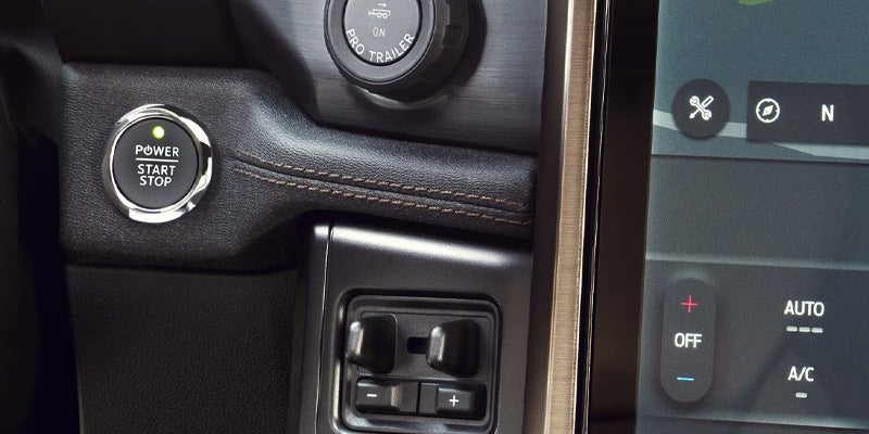 Ford F-150 Lightning interior power start/stop button turned on.